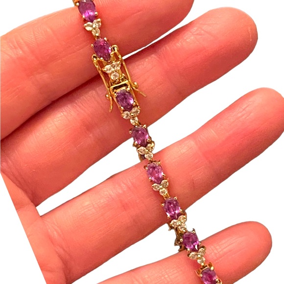 Sterling silver 925 Gold plt DBJ Thai CZ Simulated Amethyst tennis bracelet - Picture 5 of 12